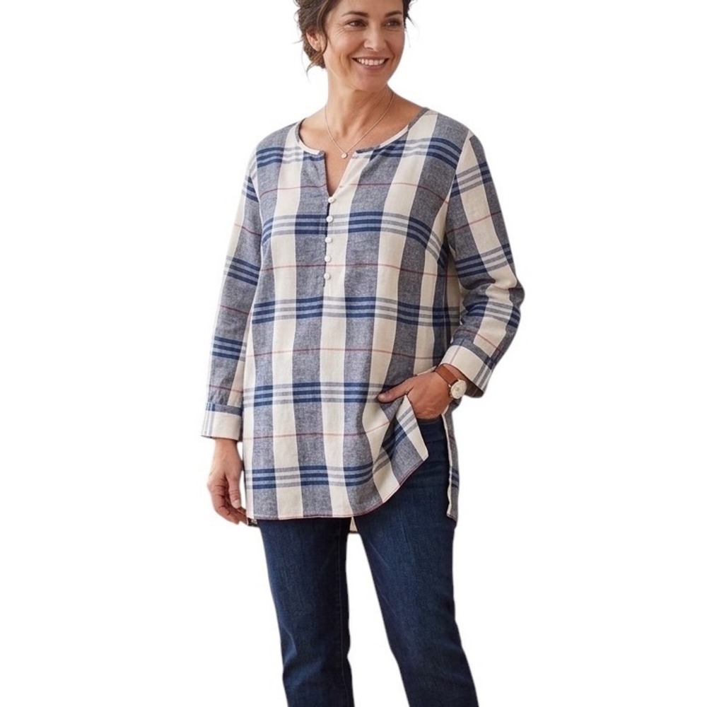 Liz Claiborne Plaid Tunic Shirt Women Size‎ Medium Linen Cotton Blend